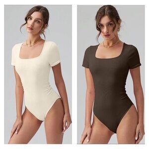 OQQ Women 2 Pcs Bodysuits Sexy Ribbed Square Neck Short Sleeve XL  Nude Brown